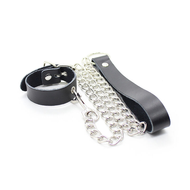 OHMAMA FETISH - COLLIER PÉNIS ET BRACELET EN CUIR AVEC CHAÎNE MÉTALLIQUE