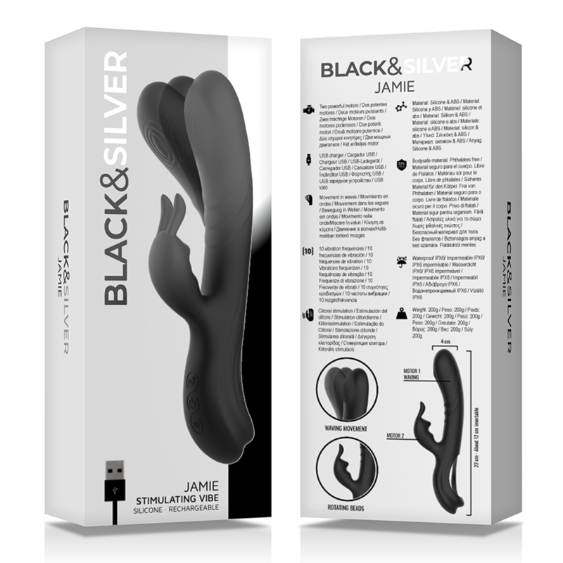 BLACK&SILVER - STIMULATEUR DE LAPIN EN SILICONE RECHARGEABLE JAMIE NOIR