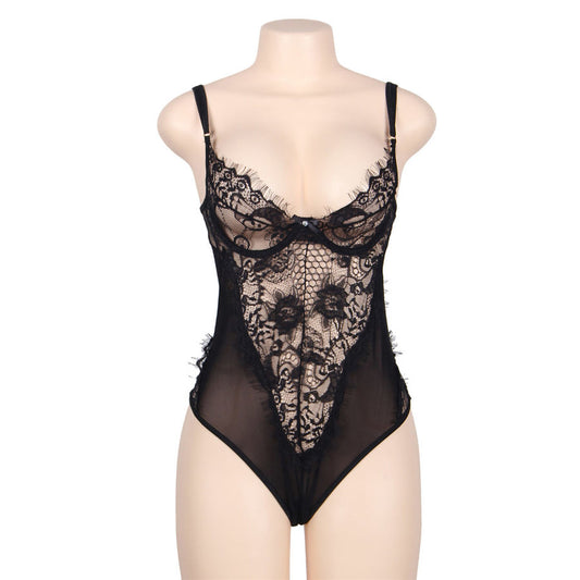 SUBBLIME - QUEEN PLUS DENTELLE FLORALE ET TEDDY NOIR  FRANGES